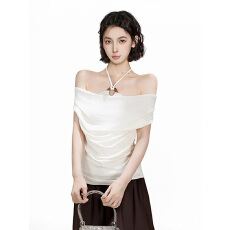 批发白色假两件挂脖一字肩露肩<b class='q'>短袖</b>t恤女夏季设计感修身短款辣妹上衣