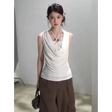 批发挂脖假两件一字肩露肩<b class='q'>短袖</b>T恤女夏季韩系气质收腰修身高级感上衣