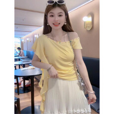 批发法式甜美飘带斜肩短袖<b class='q'>t</b><b class='q'>恤</b>女2025夏季度假风绝美显瘦百搭别致上衣