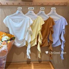 批发气质温柔风设计感飘带不规则<b class='q'>T</b><b class='q'>恤</b>女大码修身百搭斜肩短袖上衣