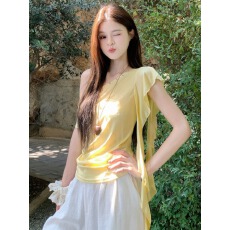 批发多巴胺黄色斜领荷叶边<b class='q'>T</b><b class='q'>恤</b>女夏季新款设计感小众独特漂亮掐腰上衣
