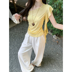 批发法式甜美飘带斜肩短袖<b class='q'>t</b><b class='q'>恤</b>女2025夏季度假风绝美显瘦百搭别致上衣