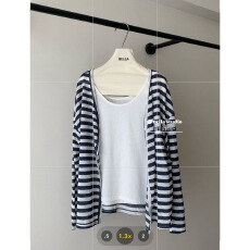 批发美式藏蓝色条纹<b class='q'>防晒</b>开衫长袖t恤女宽松设计感小众休闲百搭上衣服