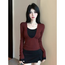 批发纯欲撞色假两件打底衫长袖T恤女春季设计感修身显瘦内搭短款上衣