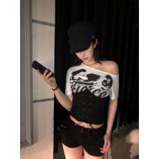 批发美式<b class='q'>街头</b>风斜肩短袖女夏季新款绑带辣妹短款T恤显瘦露肩百搭上衣