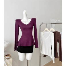 批发小个子收腰咖色长袖<b class='q'>t</b><b class='q'>恤</b>女2025年秋装新品修身百搭芭蕾风<b class='q'>裙</b>摆上衣