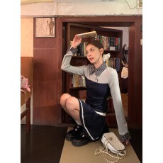 批发美式复古撞色翻领学院风女夏季2025年小个子正肩上衣