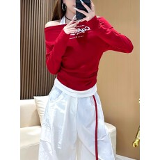 批发假两件印花收腰一字肩挂脖长袖t恤女秋设计感显瘦短款<b class='q'>打底衫</b>上衣