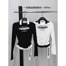 批发假两件印花收腰一字肩挂脖长袖t恤女秋设计感显瘦短款<b class='q'>打底衫</b>上衣