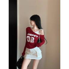 批发美式高街斜领露肩拼色假两件长袖t恤女秋季甜酷辣妹印花修身上衣