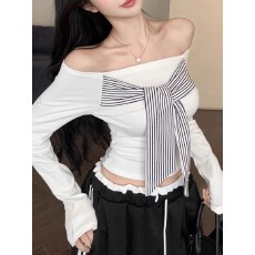 批发<b class='q'>春</b>秋季甜辣妹复古设计感一字肩拼接露背条纹绑带修身显瘦短款上衣