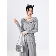 批发纯欲荡领一字肩打底衫女夏季新款设计感小众修身法式波点内搭上衣