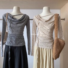 批发2025春季不规则褶皱T恤女设计感小众修身法式波点打底衫内搭上衣