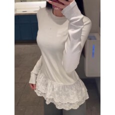 批发白色蕾丝花边内搭打底衫女冬季叠穿韩系德绒长袖t恤小上衣