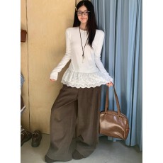 批发蕾丝花边拼接长袖T恤女款小众别致修身打底衫白色上衣<b class='q'>小衫</b>