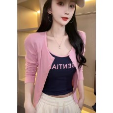 批发秋季新款时尚高级感百搭修身显瘦短款撞色字母吊带开衫两件套上衣