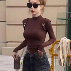 批发美式辣妹高领长袖T恤女秋冬新款韩系修身打底衫设计短款内搭上衣