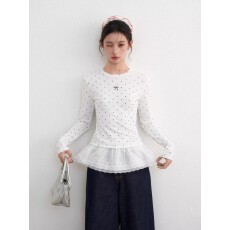 批发法式纯欲甜美圆点<b class='q'>蕾丝拼接</b>荷叶边修身打底衫女内搭秋冬上衣高级感