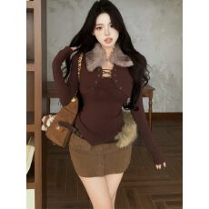 批发辣妹毛领绑带设计感<b class='q'>加绒</b><b class='q'>打底衫</b>修身假两件短款内搭不规则下摆上衣