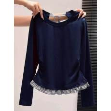 批发荷叶蕾丝花边下摆长袖磨毛T恤女春夏修身内搭加绒加厚打底衫上衣