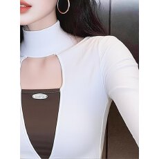 批发美式辣妹撞色拼接<b class='q'>高领</b>磨毛百搭<b class='q'>打底衫</b>女内搭镂空显瘦长袖上衣春夏