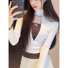 批发2026新款假两件修身显瘦磨毛高领打底衫女内搭修身镂空长袖短上衣