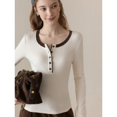 批发2026韩系复古撞色圆领修身T恤女夏季通勤内搭<b class='q'>百搭</b>打底衫长袖上衣