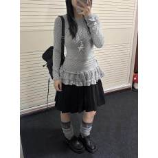 批发波点裙摆韩系叠穿长袖t恤女早春款修身木耳边打底衫内搭甜美上衣