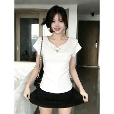 批发韩系辣妹风波点<b class='q'>娃娃领</b>短袖<b class='q'>t</b><b class='q'>恤</b>女装夏季设计感小众显瘦小个子上衣