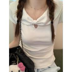 批发甜辣<b class='q'>娃娃领</b>短袖<b class='q'>T</b><b class='q'>恤</b>女夏季修身韩版小个子短款打底衫设计感上衣