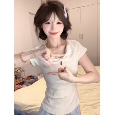 批发韩系小个子波点蝴蝶结<b class='q'>娃娃领</b>短袖<b class='q'>T</b><b class='q'>恤</b>女夏季修身显瘦甜妹短款上衣