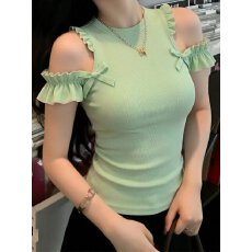 批发韩系纯欲风蝴蝶结设计感小众木耳边镂空女装2026夏季辣妹露肩上衣