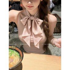 批发粉色甜妹挂脖<b class='q'>无袖</b>背心女装2026夏季新款纯欲蝴蝶结气质收腰小上衣