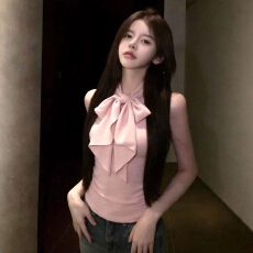 批发韩系温柔风粉色蝴蝶结系带<b class='q'>无袖</b>背心女装夏季设计气质修身百搭上衣