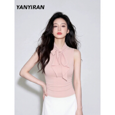 批发蝴蝶结挂脖上衣女2026年夏季新款收腰显瘦气质设计感<b class='q'>无袖</b>百搭衬衣