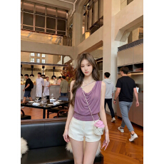 批发法式黑色荡领背心女装2026夏季新款褶皱显瘦露肩气质<b class='q'>无袖</b>百搭上衣
