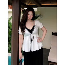 批发纯欲辣妹女装撞色假两件吊带娃娃衫夏季韩版新款<b class='q'>宽松</b>显瘦短袖上衣