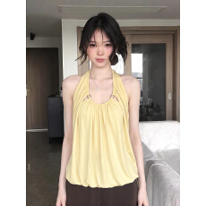 批发韩版U领褶皱挂脖吊带背心女装2026年夏季金属扣气质休闲<b class='q'>百搭</b>上衣