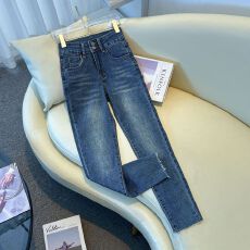 批发秋季新款蜜桃臀深蓝色高腰<b class='q'>小脚</b>牛仔裤女九分提臀显瘦紧身铅笔裤子