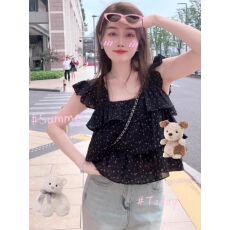 批发法式甜美波点小飞袖衬衫女夏季设计感减龄方领雪纺娃娃衫短款上衣