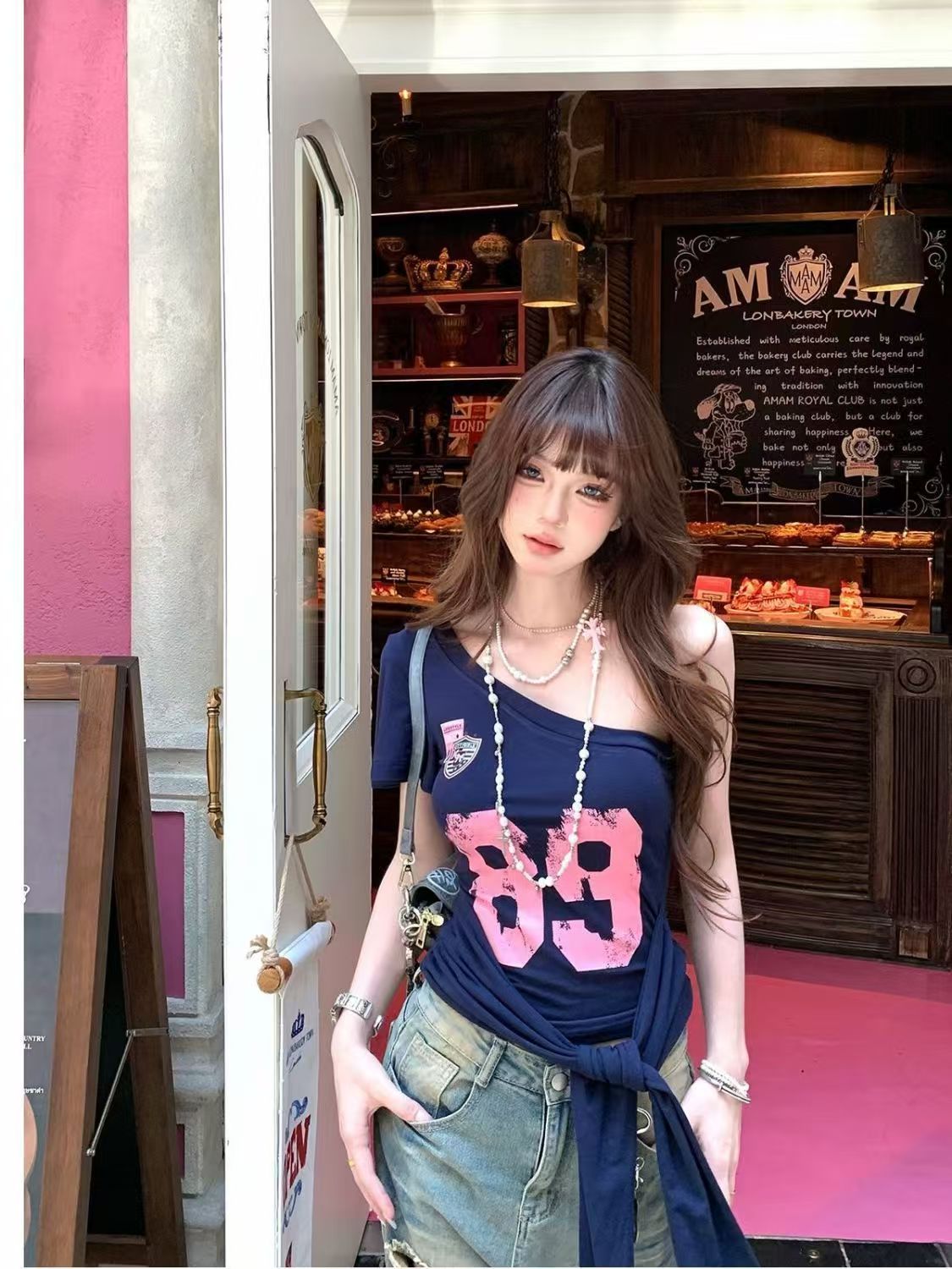 FA32560# 人棉美式短袖斜肩辣妹短款显瘦T恤女辣妹纯欲风上衣 服裝批發女裝批發服飾貨源