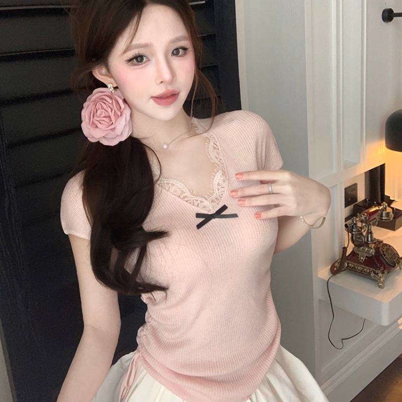 MY11316# V领蝴蝶结针织衫女短袖夏季设计感小众修身打底法式内搭上衣...