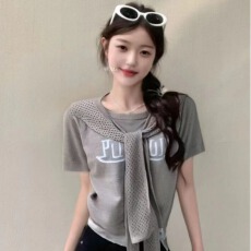 批发披肩冰麻针织上衣女短袖2025夏季新款韩系圆领<b class='q'>时尚</b>字母T恤<b class='q'>打底衫</b>
