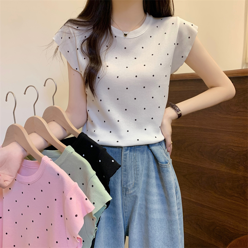FA33605# 小飞袖坎肩冰丝T恤女短袖薄款夏装洋气波点印花短款针织衫 服裝批發女裝批發服飾貨源