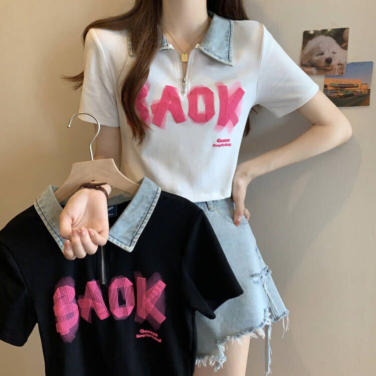 FA33591# 氨纶牛仔领polo衫t恤 服裝批發女裝批發服飾貨源