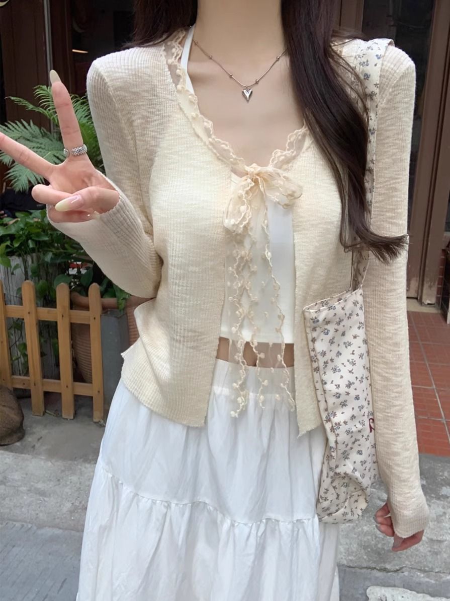 FA34468# 面料防晒小外套女夏季甜美拼接蕾丝绑带薄款开衫潮 服裝批發女裝批發服飾貨源