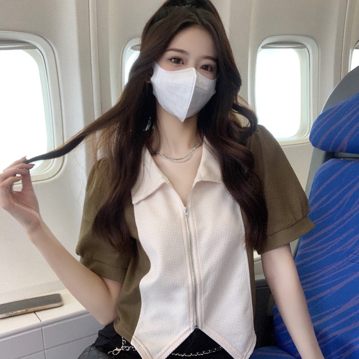 FA34462# 撞色短袖正肩t恤女夏季设计感小众不规则polo领拉链上衣新款 服裝批發女裝批發服飾貨源