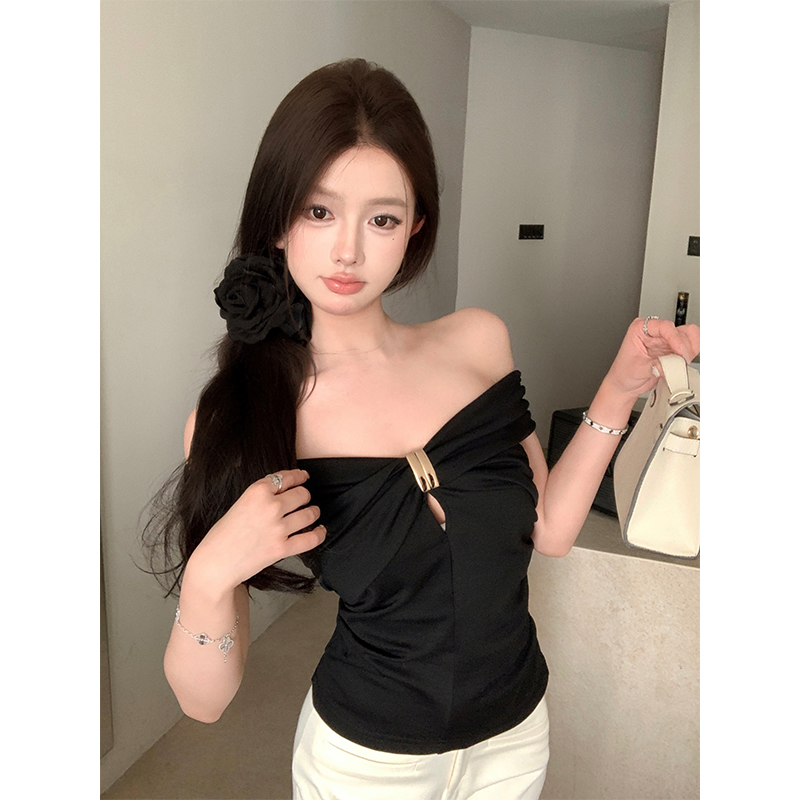 FA34466# 莫代尔人棉一字肩性感镂空短袖T恤修身褶皱辣妹上衣 服裝批發女裝批發服飾貨源