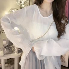 批发早秋女装防晒衣<b class='q'>雪纺衫</b>女长袖设计感白色中长款外搭开叉上衣女