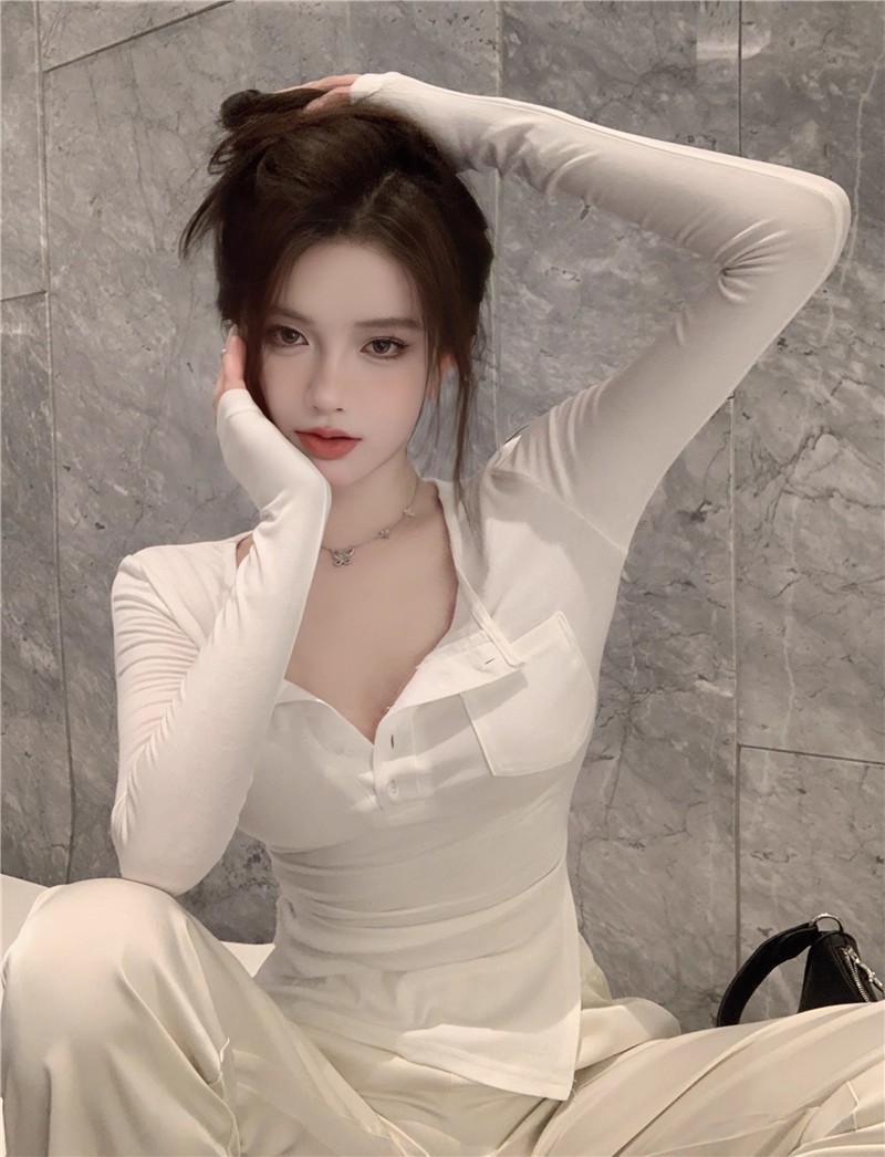 MY70147# 92人棉8氨纶长袖T恤女白色纯欲性感甜辣妹上衣女裝貨源服裝批發